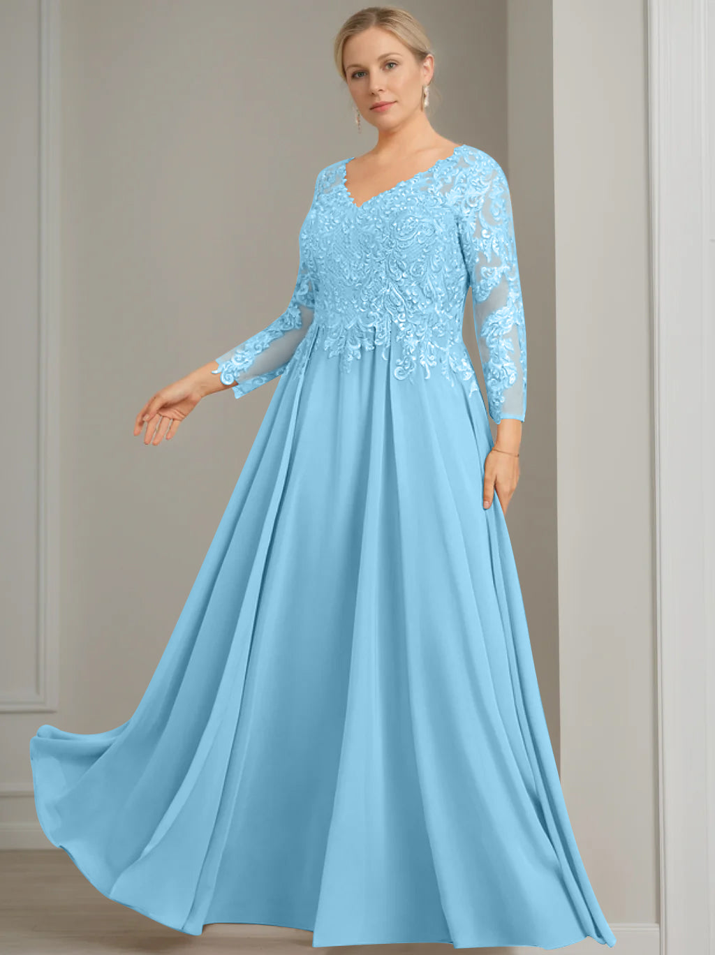 V Neck A Line Gown with 3/4 Sleeves and Sequins for Plus Size Mother of the Bride