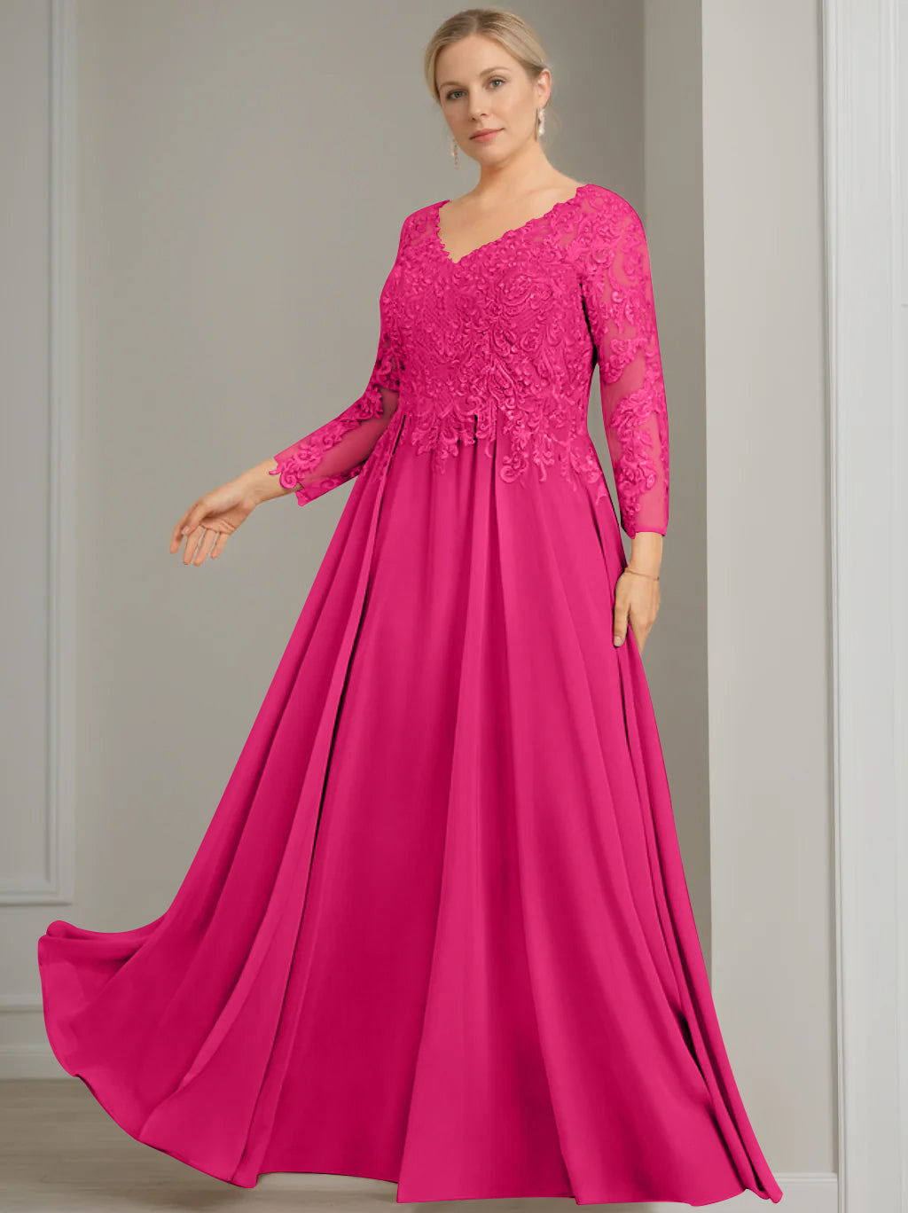 V Neck A Line Gown with 3/4 Sleeves and Sequins for Plus Size Mother of the Bride