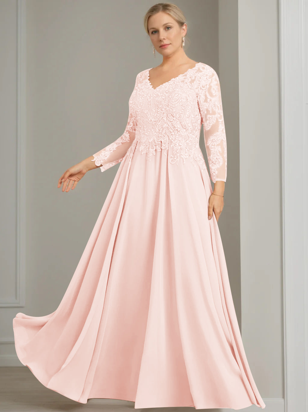 V Neck A Line Gown with 3/4 Sleeves and Sequins for Plus Size Mother of the Bride