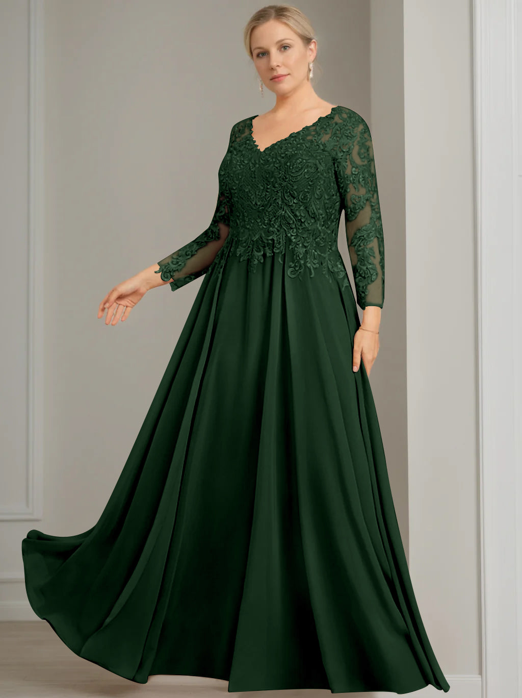 V Neck A Line Gown with 3/4 Sleeves and Sequins for Plus Size Mother of the Bride