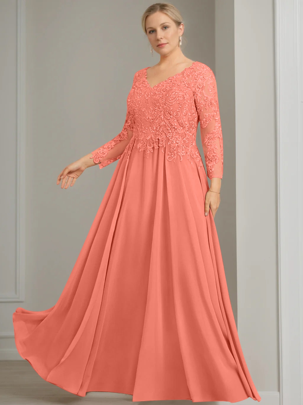 V Neck A Line Gown with 3/4 Sleeves and Sequins for Plus Size Mother of the Bride
