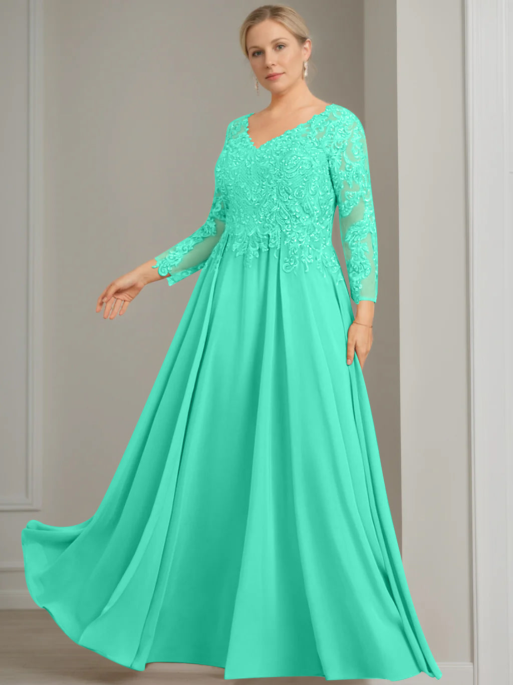V Neck A Line Gown with 3/4 Sleeves and Sequins for Plus Size Mother of the Bride
