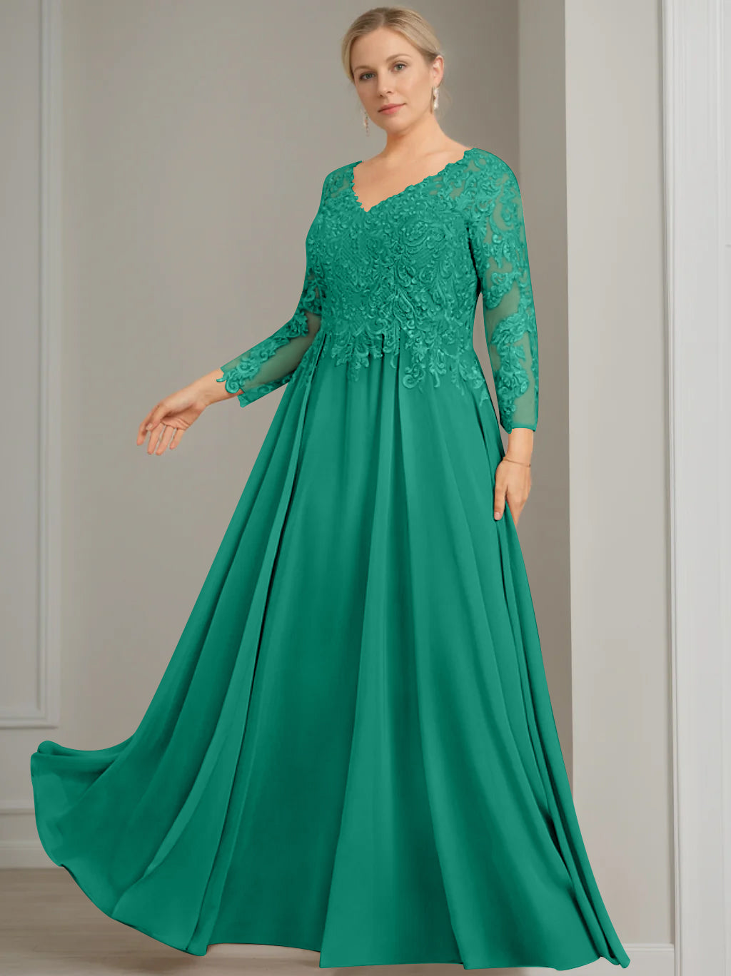 V Neck A Line Gown with 3/4 Sleeves and Sequins for Plus Size Mother of the Bride