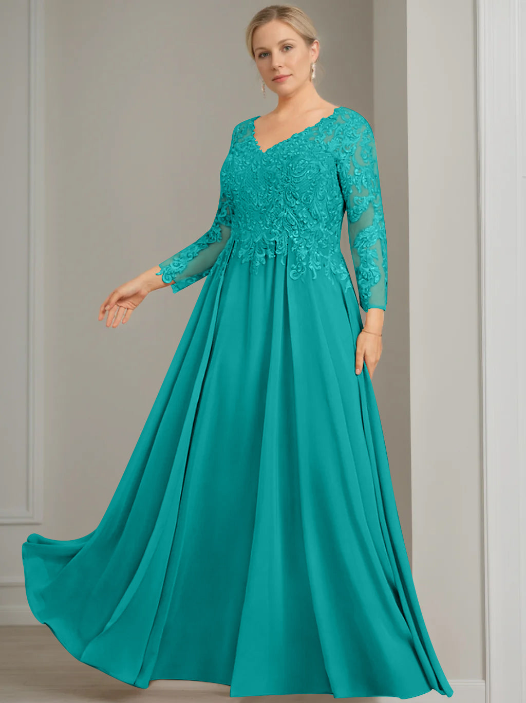 V Neck A Line Gown with 3/4 Sleeves and Sequins for Plus Size Mother of the Bride