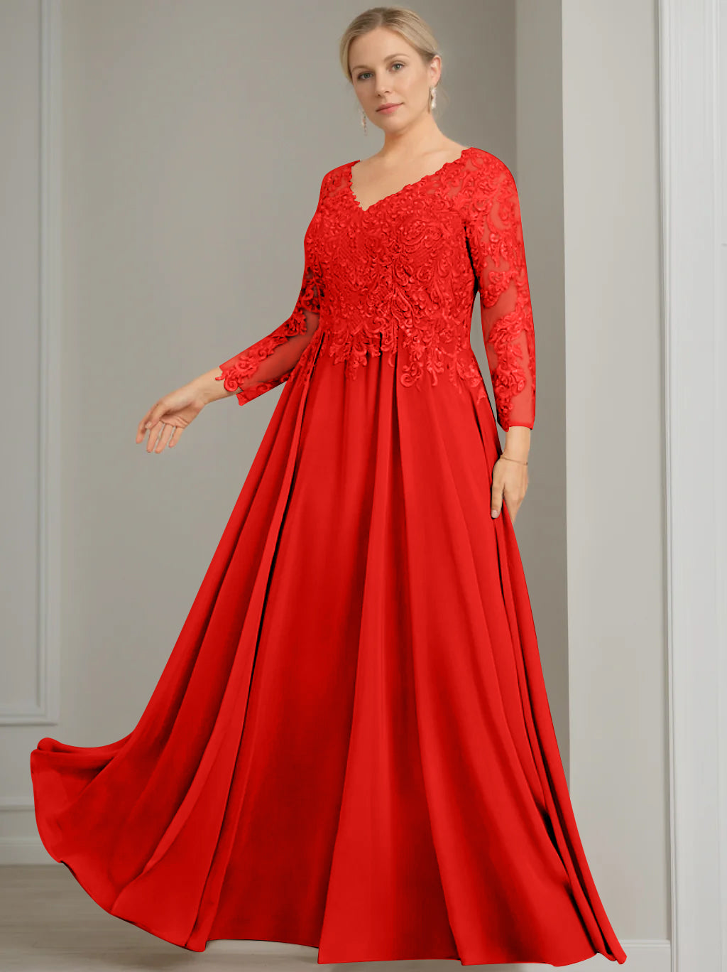 V Neck A Line Gown with 3/4 Sleeves and Sequins for Plus Size Mother of the Bride