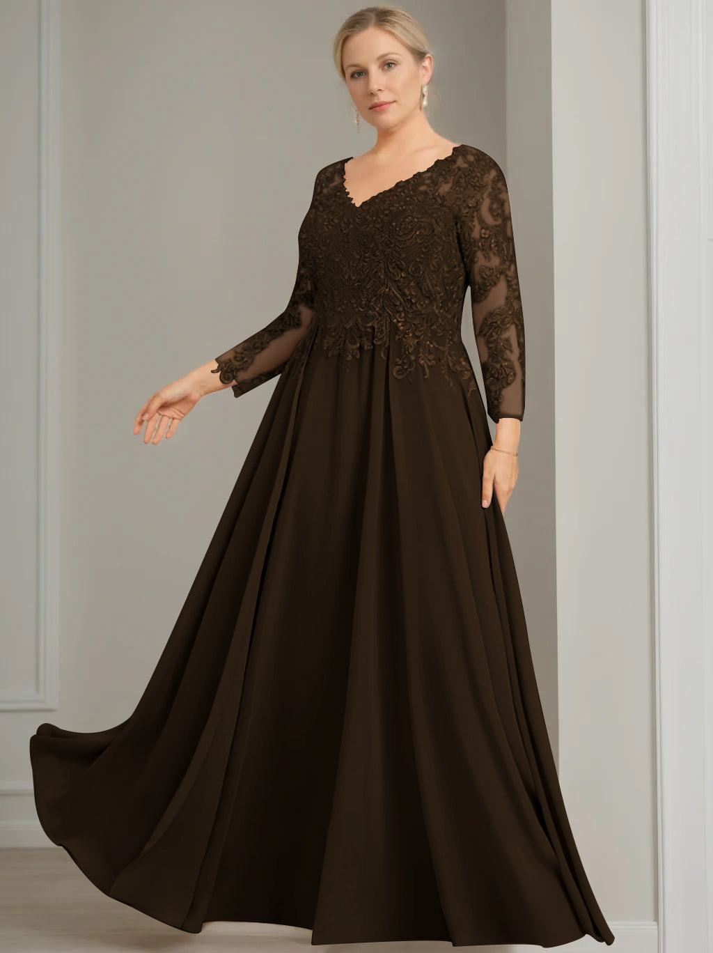V Neck A Line Gown with 3/4 Sleeves and Sequins for Plus Size Mother of the Bride
