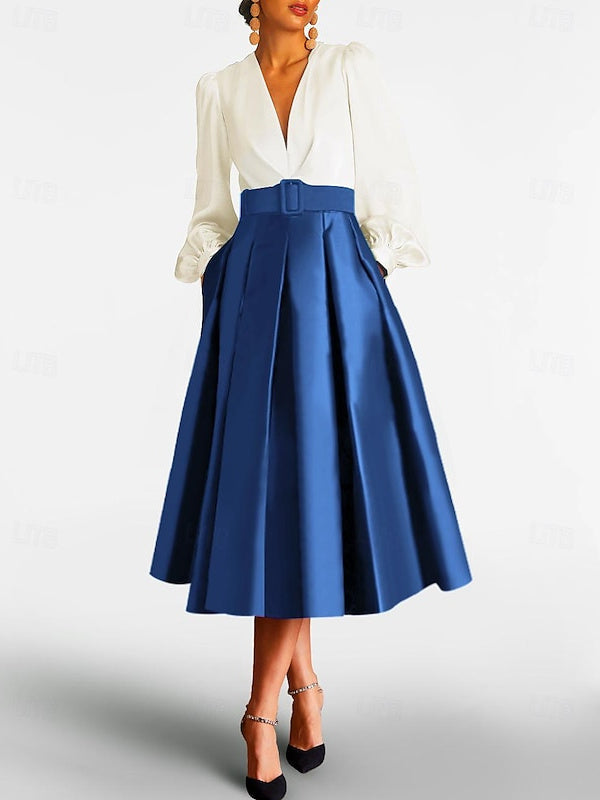 V Neck A Line Gown with Long Sleeves and Belt for the Mother of the Bride