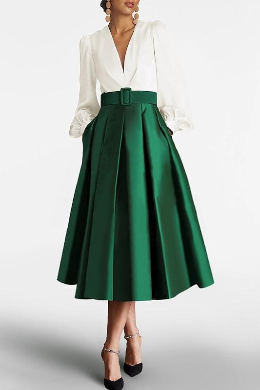 V Neck A Line Gown with Long Sleeves and Belt for the Mother of the Bride