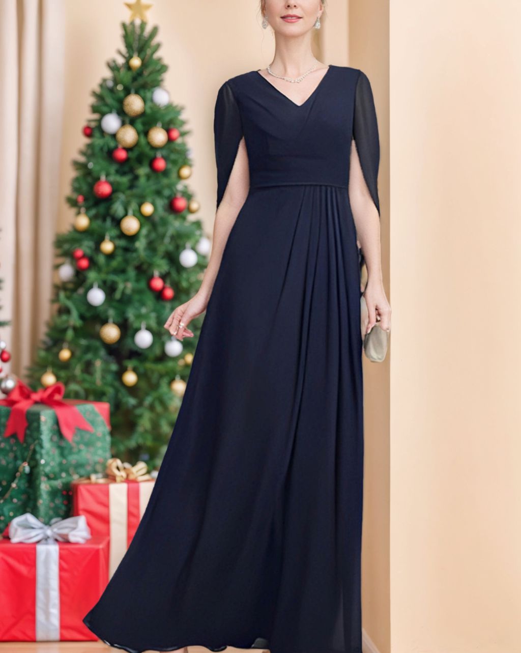 V Neck A Line Mother of the Bride Dress with Half Sleeves
