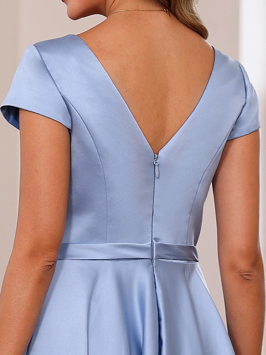 V Neck A Line Short Sleeve Ankle Length Mother of the Bride Dress With Pockets and Ruffles