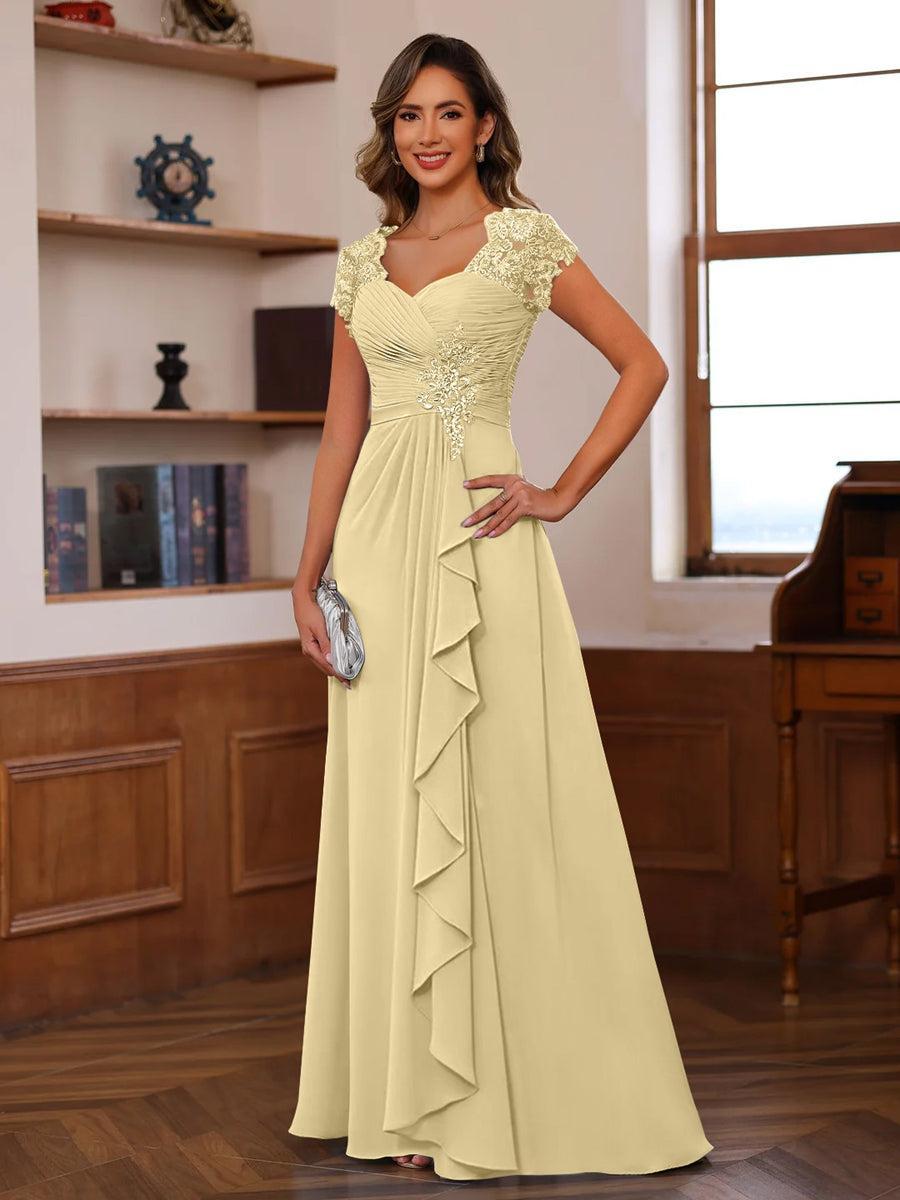 V Neck A Line Short Sleeve Dress with Pleats Ruffles & Appliques for Mother of the Bride & Groom