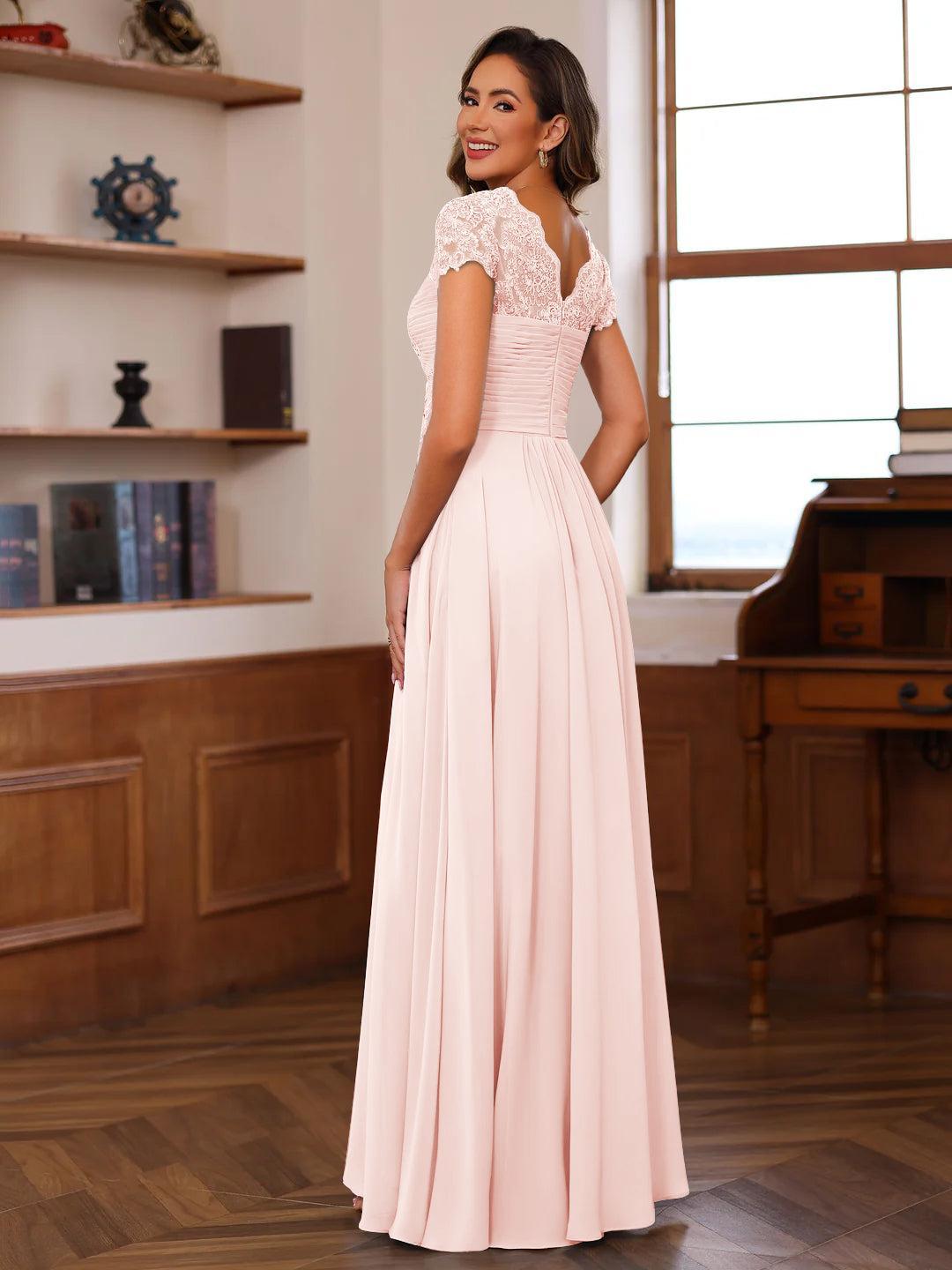 V Neck A Line Short Sleeve Dress with Pleats Ruffles & Appliques for Mother of the Bride & Groom