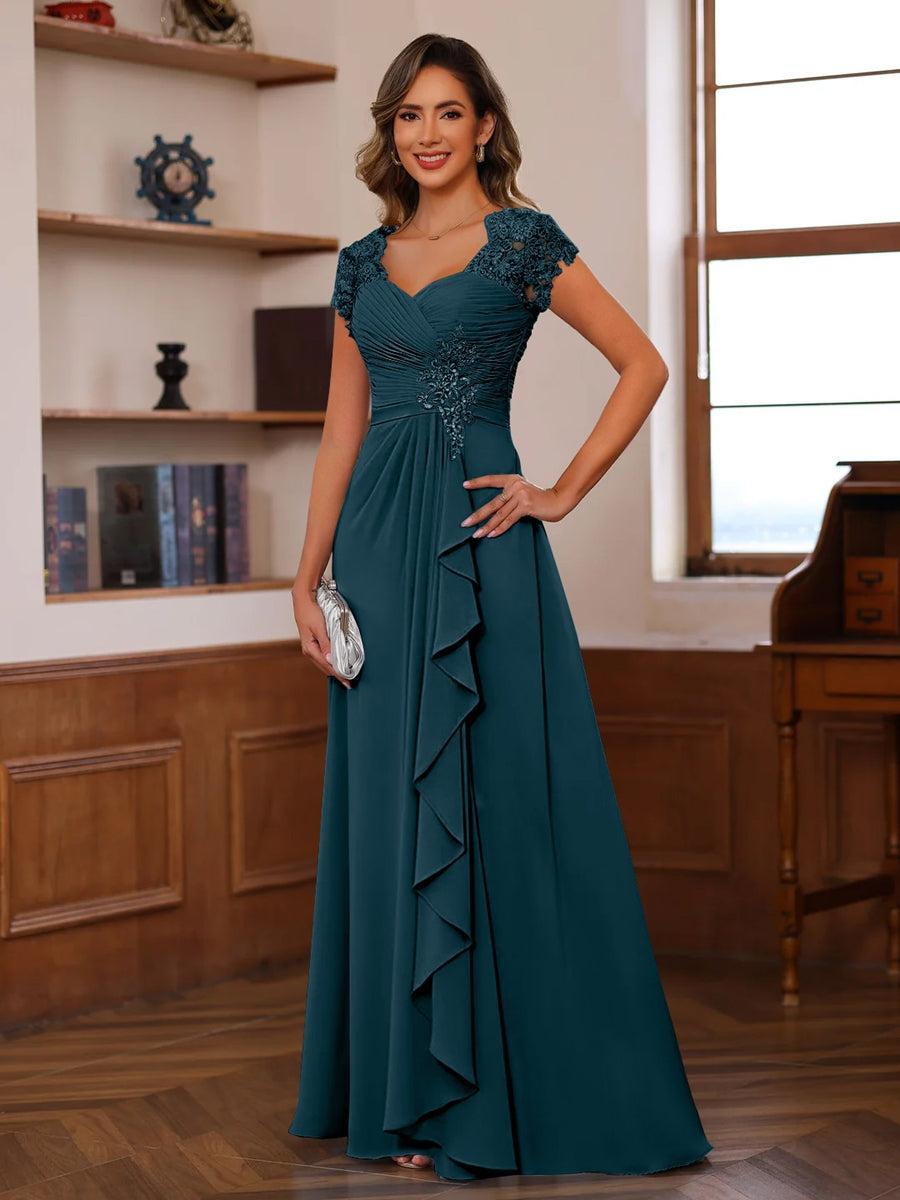 V Neck A Line Short Sleeve Dress with Pleats Ruffles & Appliques for Mother of the Bride & Groom