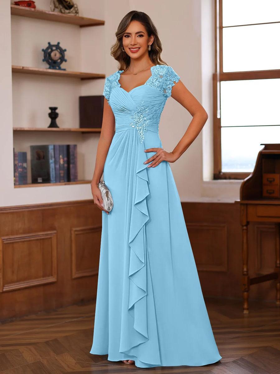 V Neck A Line Short Sleeve Dress with Pleats Ruffles & Appliques for Mother of the Bride & Groom