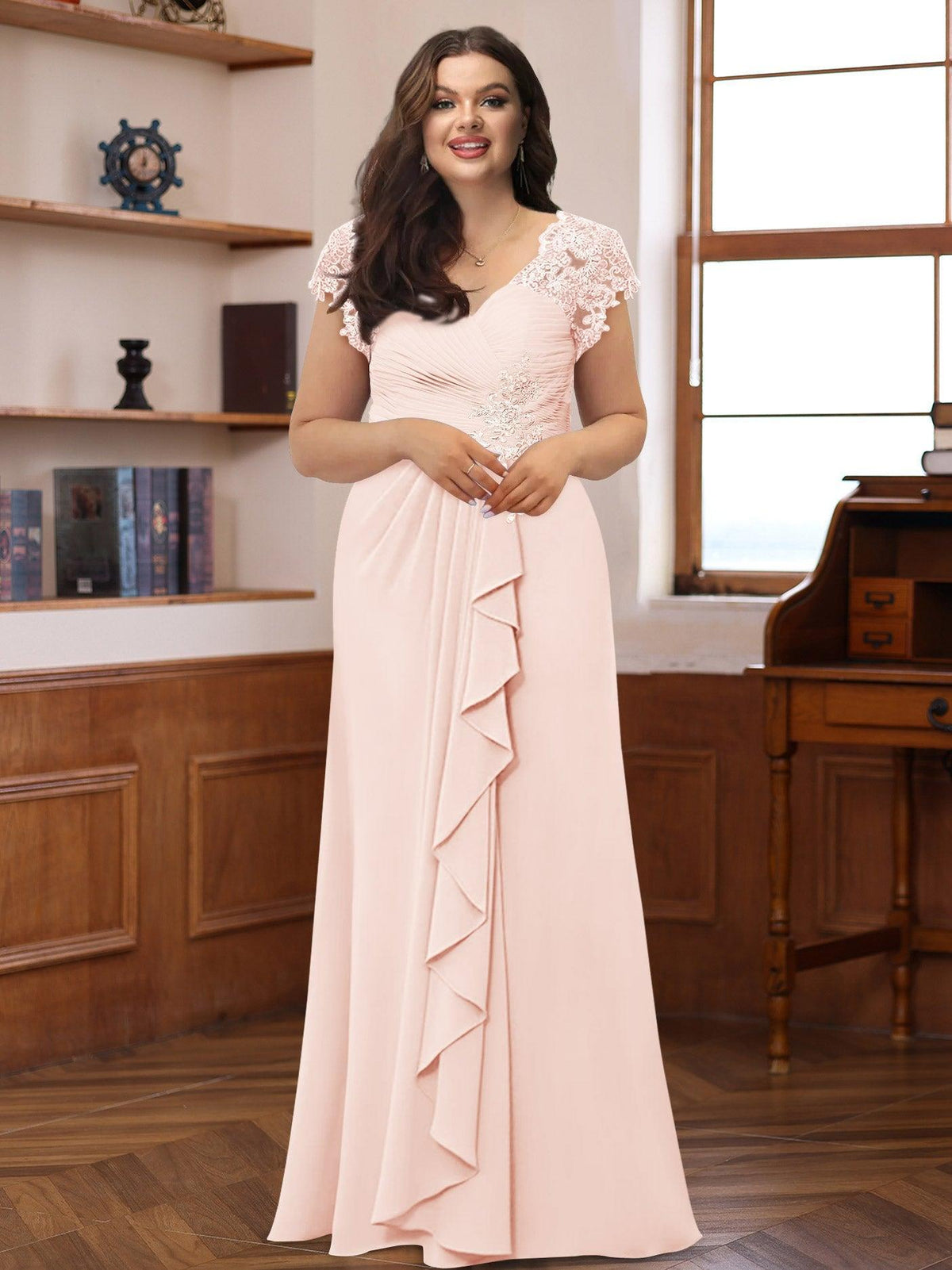V Neck A Line Short Sleeve Dress with Pleats Ruffles & Appliques for Mother of the Bride & Groom