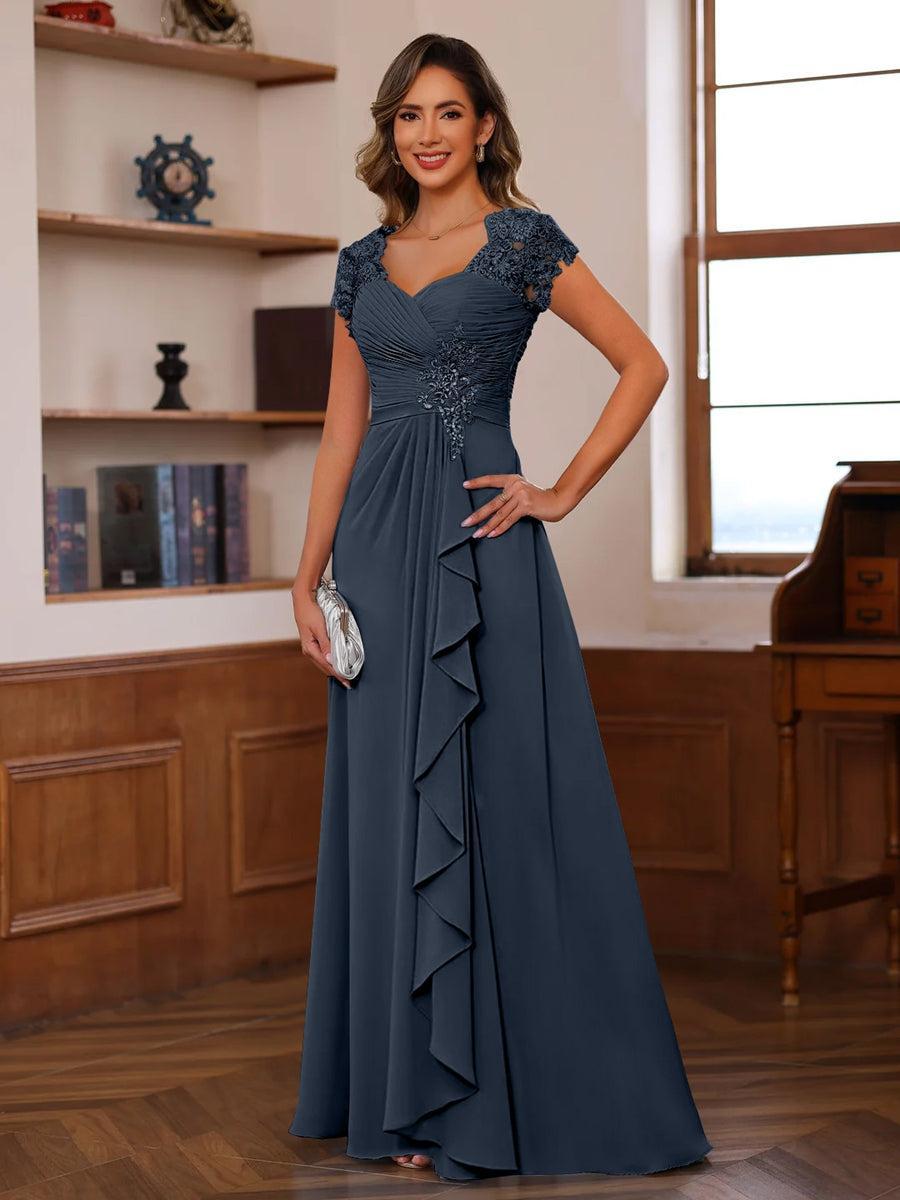 V Neck A Line Short Sleeve Dress with Pleats Ruffles & Appliques for Mother of the Bride & Groom