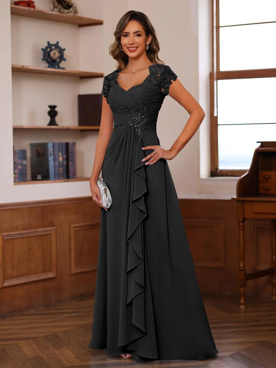 V Neck A Line Short Sleeve Dress with Pleats Ruffles & Appliques for Mother of the Bride & Groom