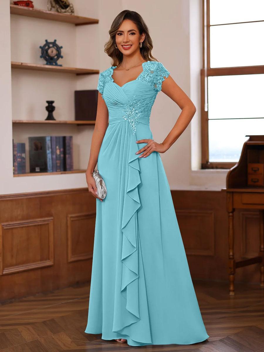 V Neck A Line Short Sleeve Dress with Pleats Ruffles & Appliques for Mother of the Bride & Groom