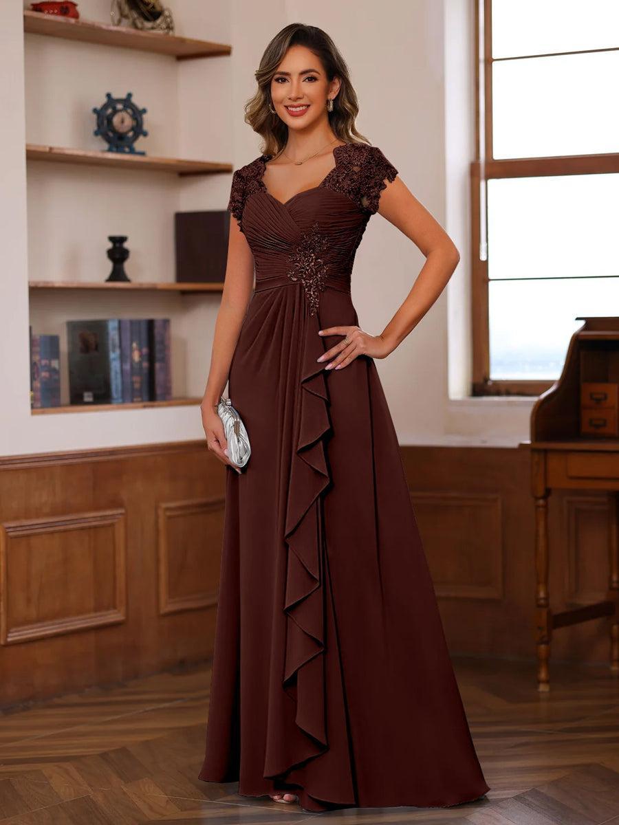 V Neck A Line Short Sleeve Dress with Pleats Ruffles & Appliques for Mother of the Bride & Groom