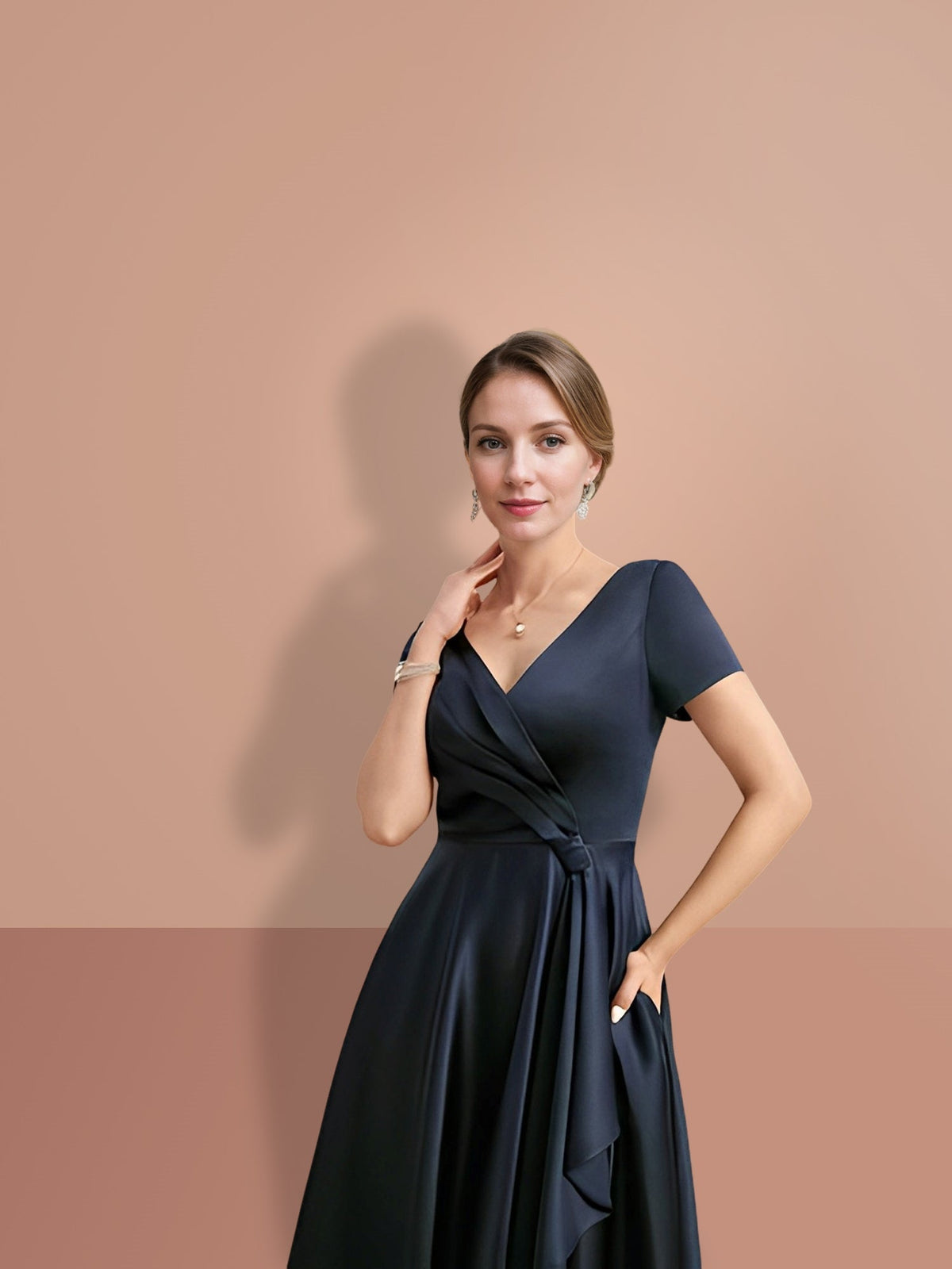 V Neck A Line Short Sleeve Mother of the Bride Dress
