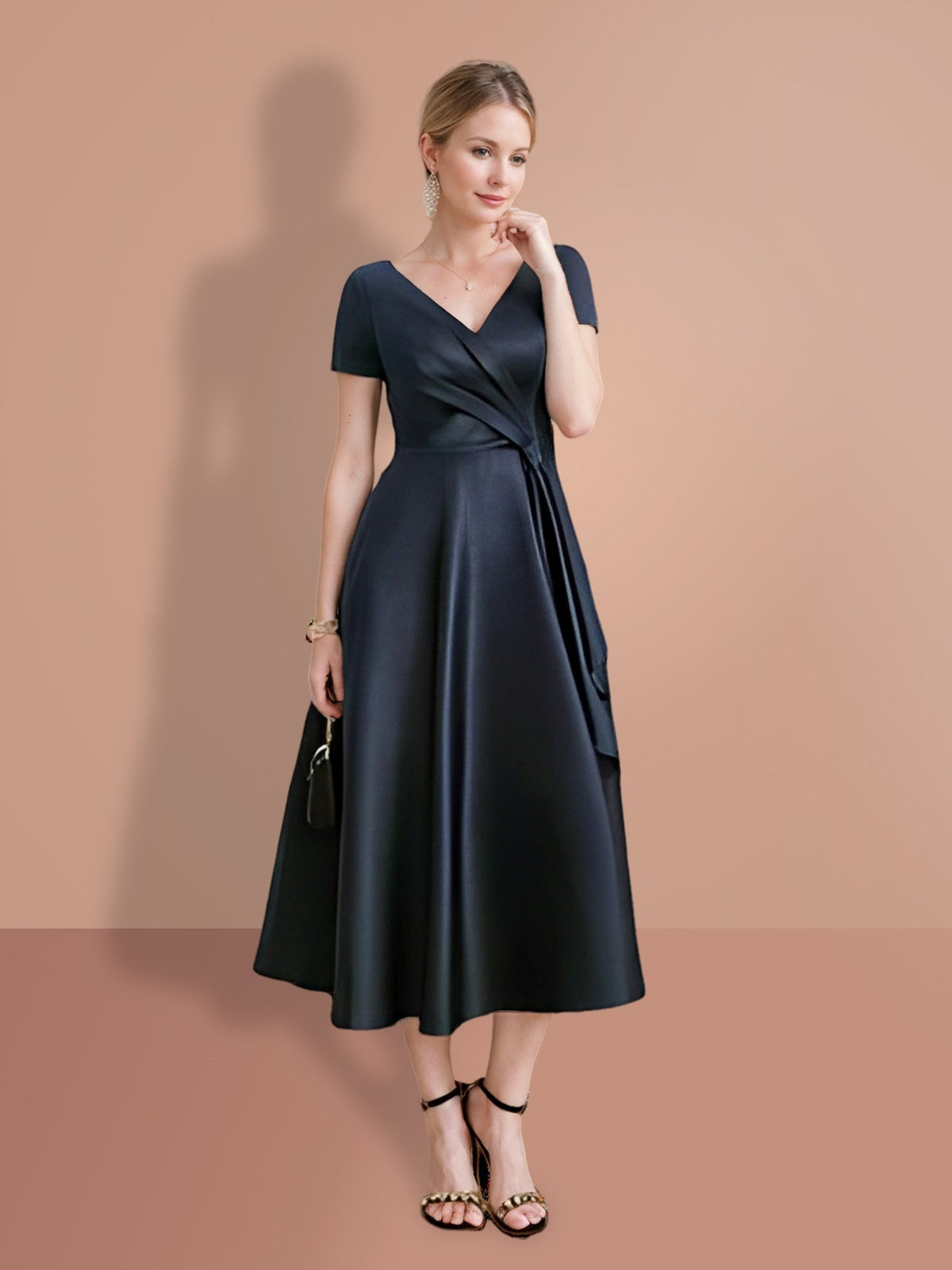 V Neck A Line Short Sleeve Mother of the Bride Dress