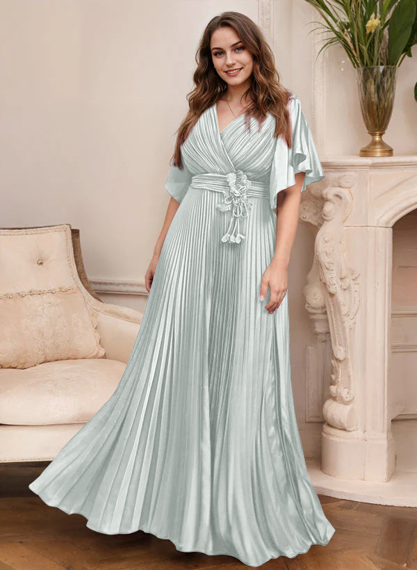 V Neck A Line Short Sleeve Mother of the Bride Dress with Belt