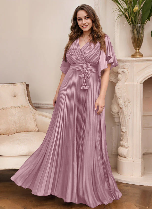 V Neck A Line Short Sleeve Mother of the Bride Dress with Belt