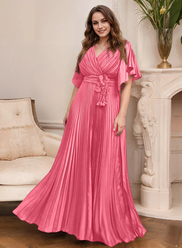 V Neck A Line Short Sleeve Mother of the Bride Dress with Belt