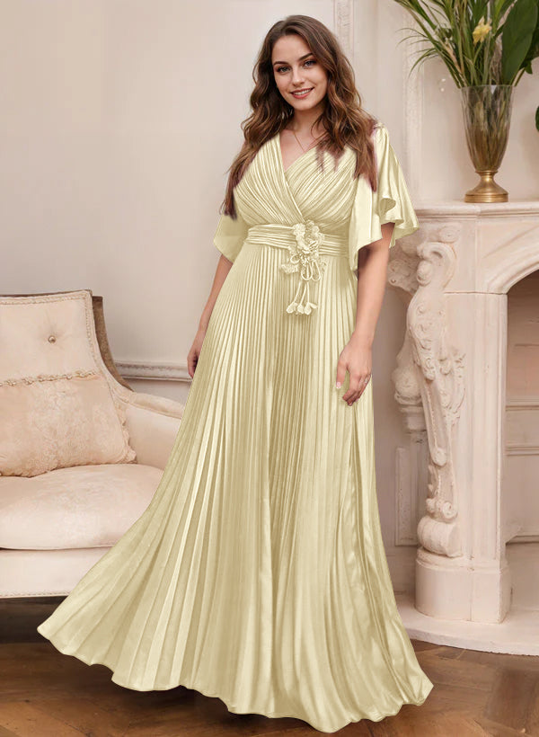 V Neck A Line Short Sleeve Mother of the Bride Dress with Belt
