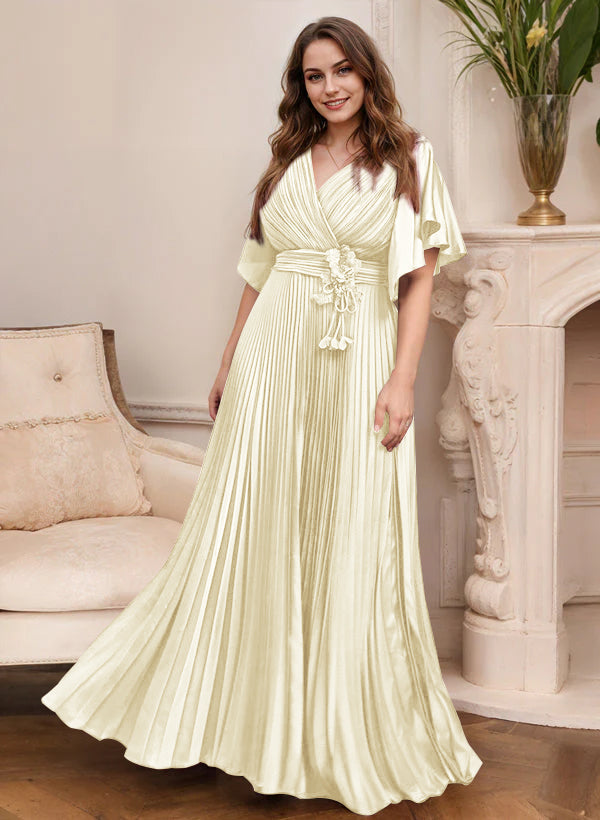 V Neck A Line Short Sleeve Mother of the Bride Dress with Belt