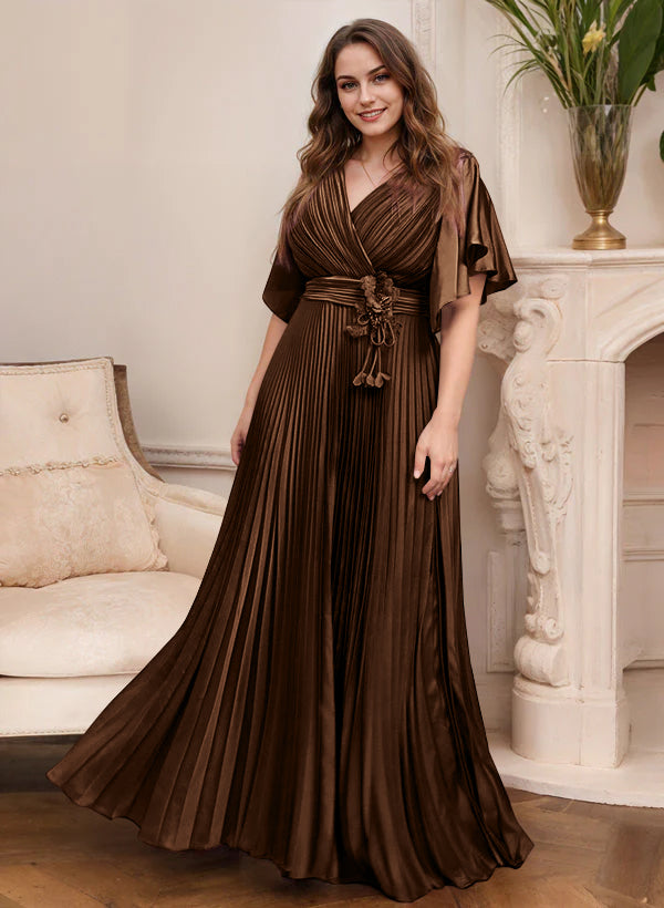 V Neck A Line Short Sleeve Mother of the Bride Dress with Belt