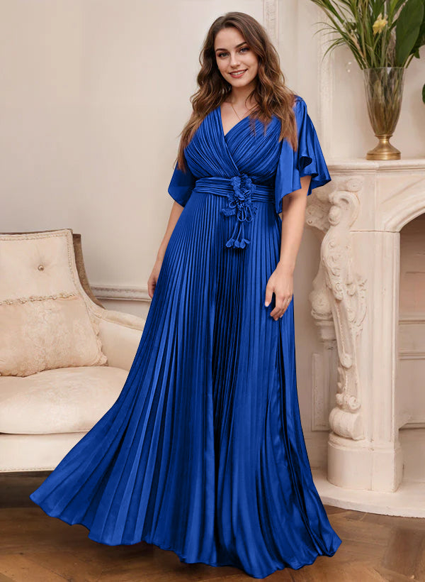 V Neck A Line Short Sleeve Mother of the Bride Dress with Belt