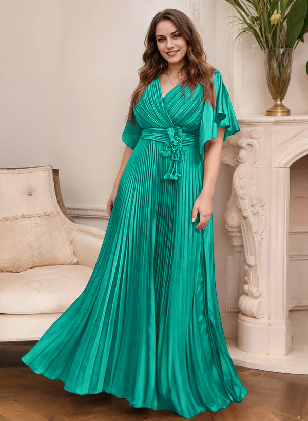 V Neck A Line Short Sleeve Mother of the Bride Dress with Belt
