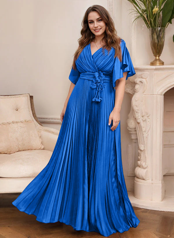 V Neck A Line Short Sleeve Mother of the Bride Dress with Belt