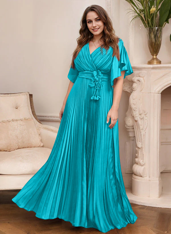 V Neck A Line Short Sleeve Mother of the Bride Dress with Belt