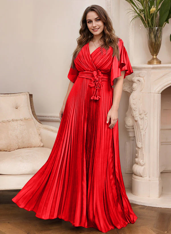 V Neck A Line Short Sleeve Mother of the Bride Dress with Belt