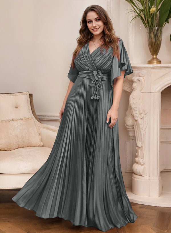 V Neck A Line Short Sleeve Mother of the Bride Dress with Belt