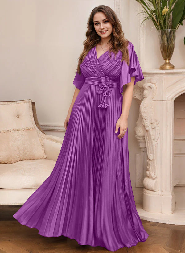 V Neck A Line Short Sleeve Mother of the Bride Dress with Belt