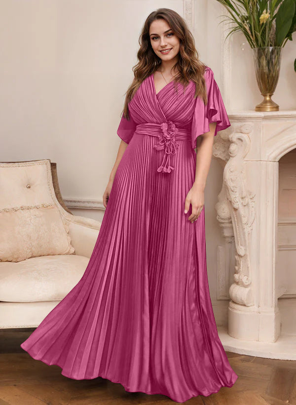 V Neck A Line Short Sleeve Mother of the Bride Dress with Belt