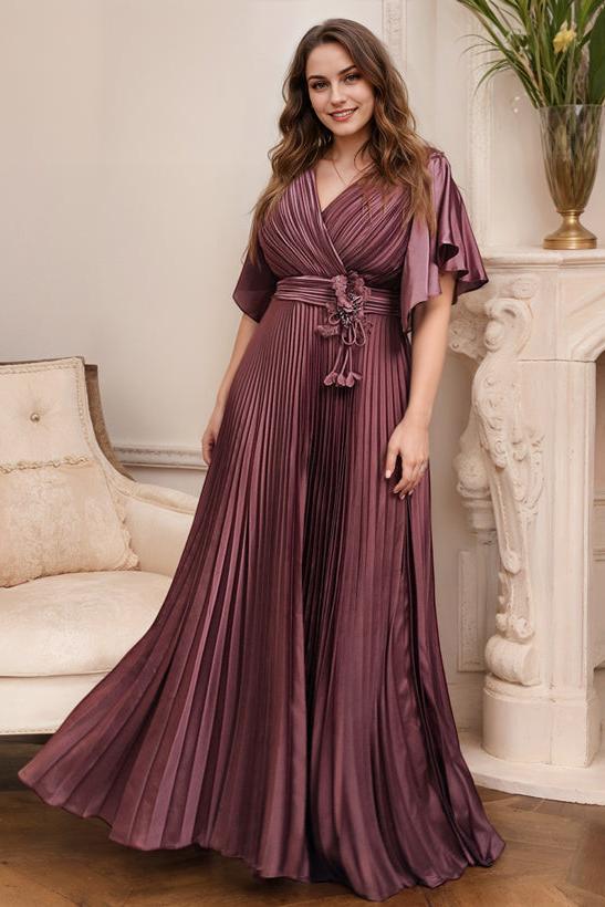 V Neck A Line Short Sleeve Mother of the Bride Dress with Belt