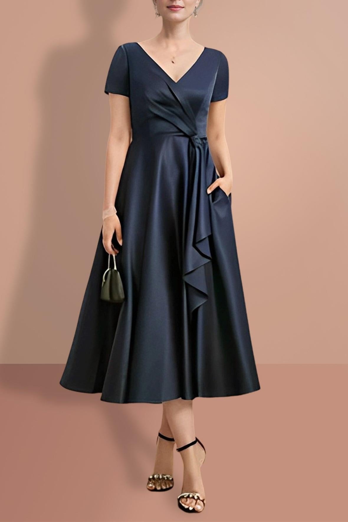 V Neck A Line Short Sleeve Mother of the Bride Dress