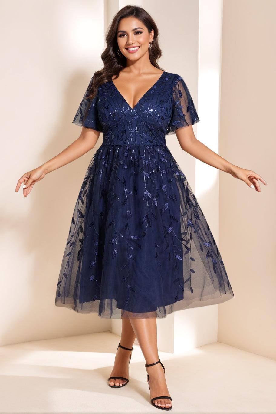 V Neck A Line Tea Length Dress for Mothers of the Bride and Groom