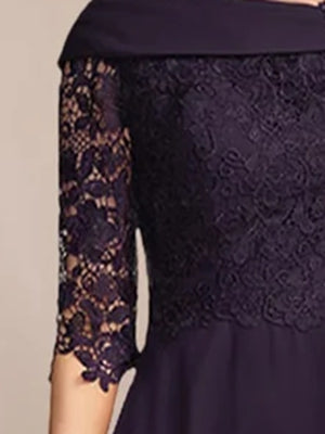 V Neck A Line Tea Length Dress with Half Sleeves and Lace Appliques for Mothers