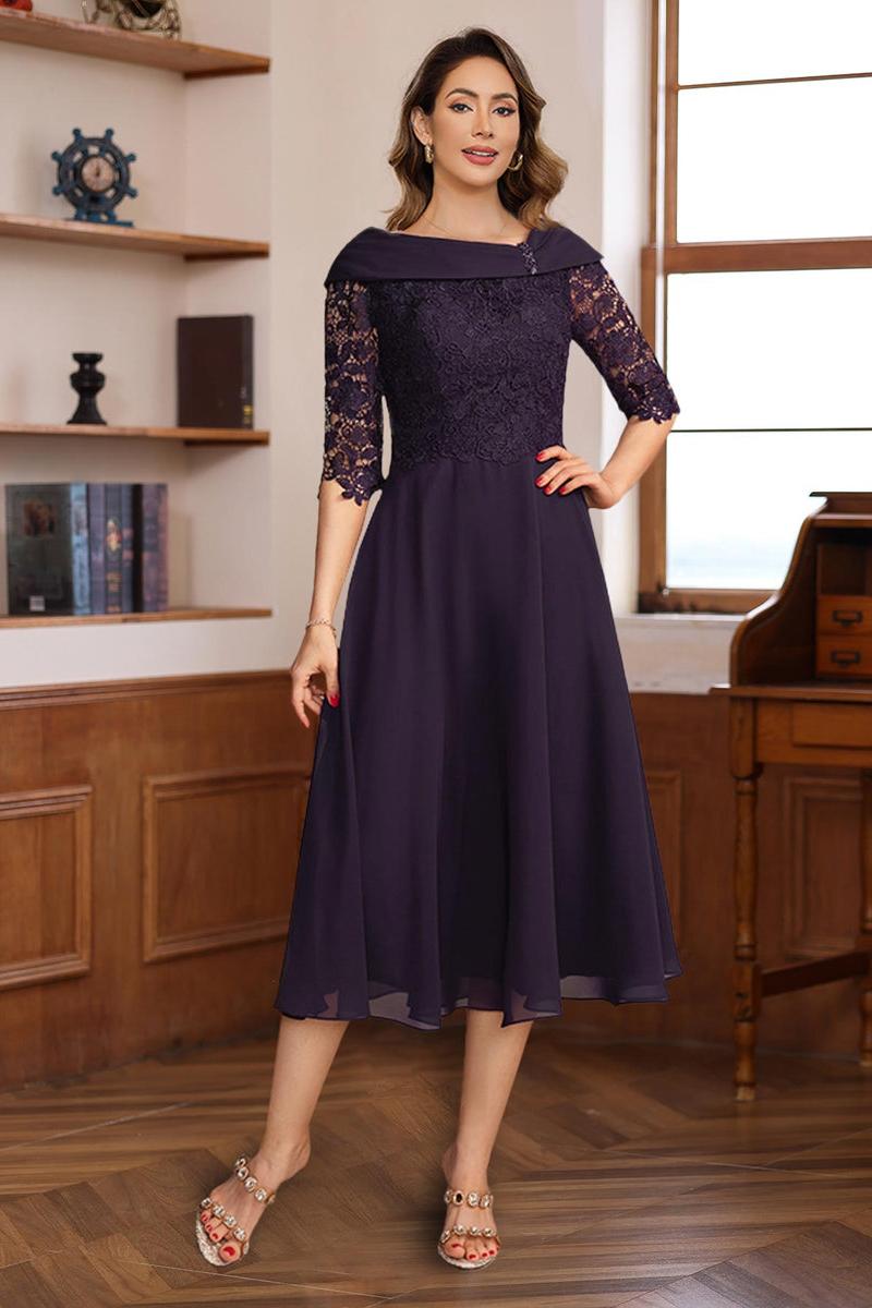 V Neck A Line Tea Length Dress with Half Sleeves and Lace Appliques for Mothers