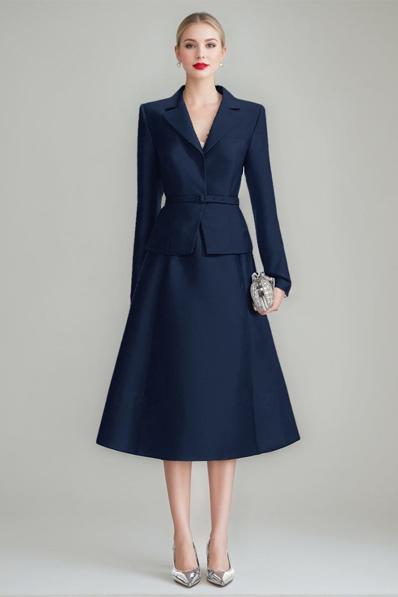 V Neck A Line Tea Length Dress with Long Sleeves and Belt for Mothers of the Bride & Groom