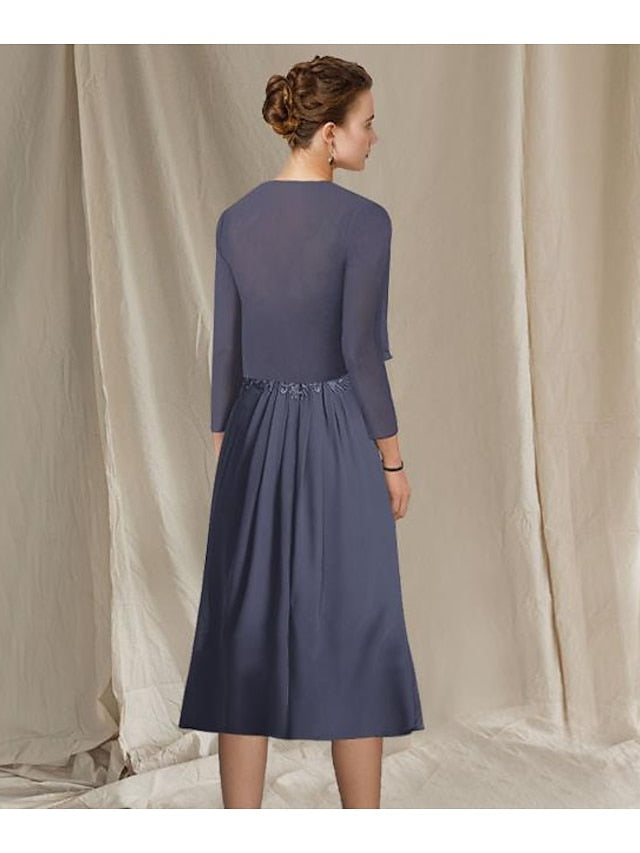 V Neck A Line Tea Length Dress for the Mother of the Bride
