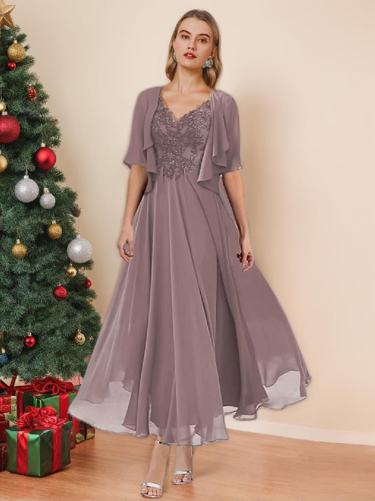 V Neck A Line Tea Length Dress for the Mother of the Bride