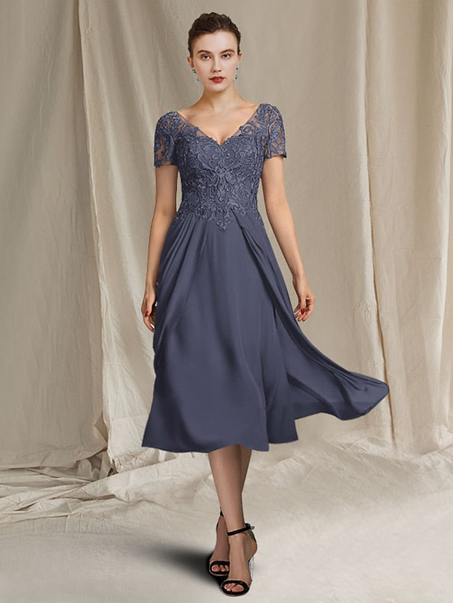 V Neck A Line Tea Length Dress for the Mother of the Bride