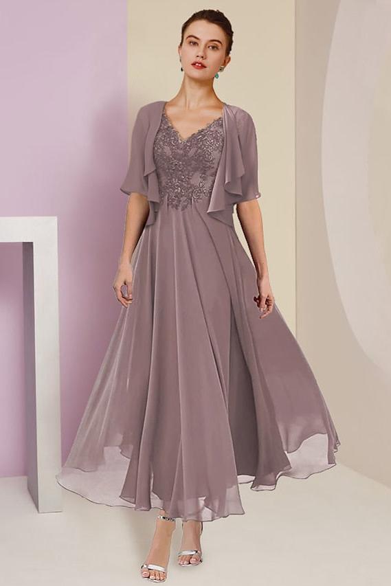 V Neck A Line Tea Length Dress for the Mother of the Bride