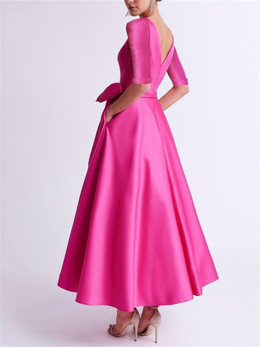 V Neck A Line Tea Length Satin Mother of the Bride Dress with Bow(s) and 3/4 Sleeves